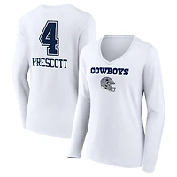 Women's Dak Prescott White Dallas Cowboys Team Wordmark Player Name & Number Long Sleeve V-Neck T-Shirt