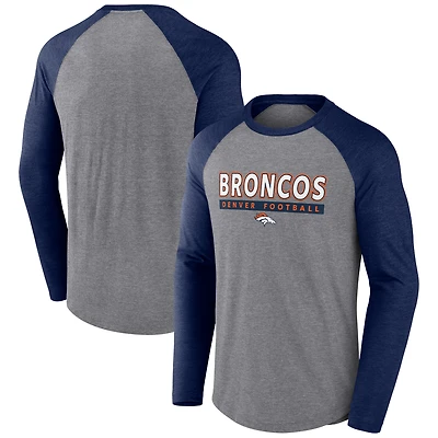 Men's Fanatics Heather Gray/Navy Denver Broncos Tri-Blend Raglan Long Sleeve T-Shirt