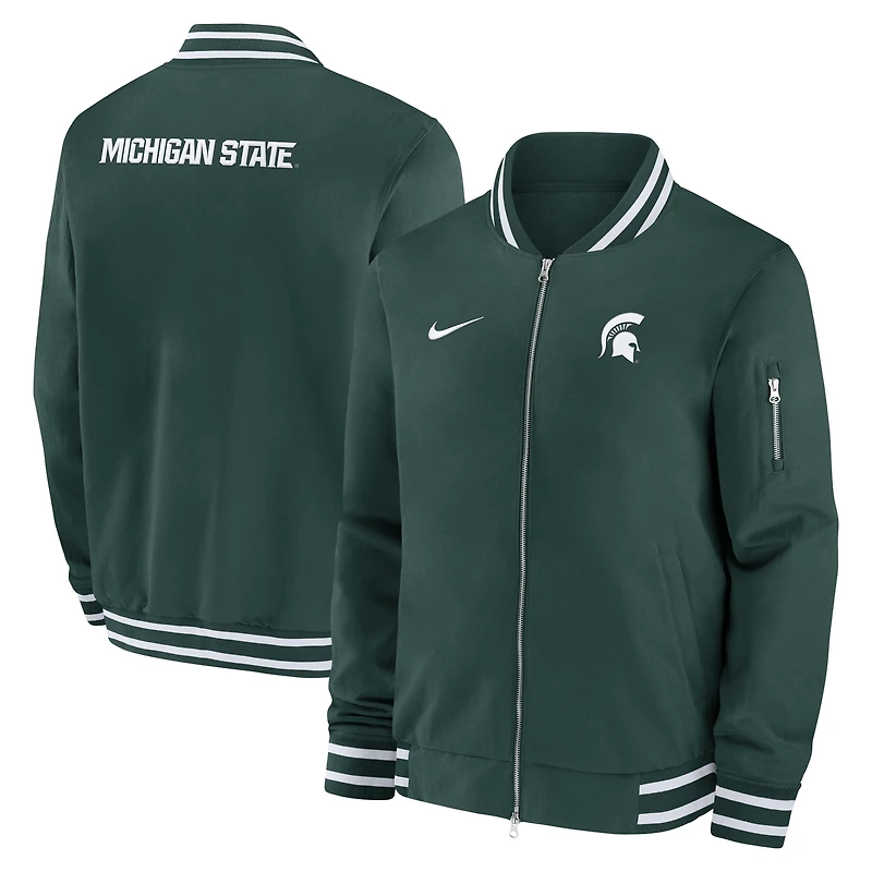 Men's Nike Green Michigan State Spartans 2024 Sideline Relaxed Full-Zip Bomber Jacket
