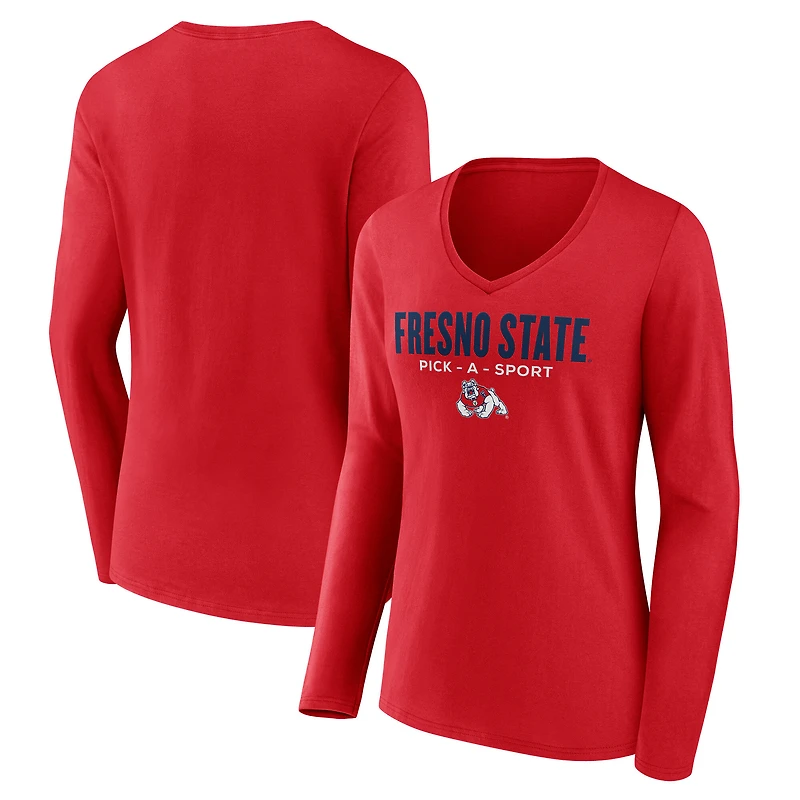 Women's Red Fresno State Bulldogs Authentic Pick-A-Sport Long Sleeve V-Neck T-Shirt