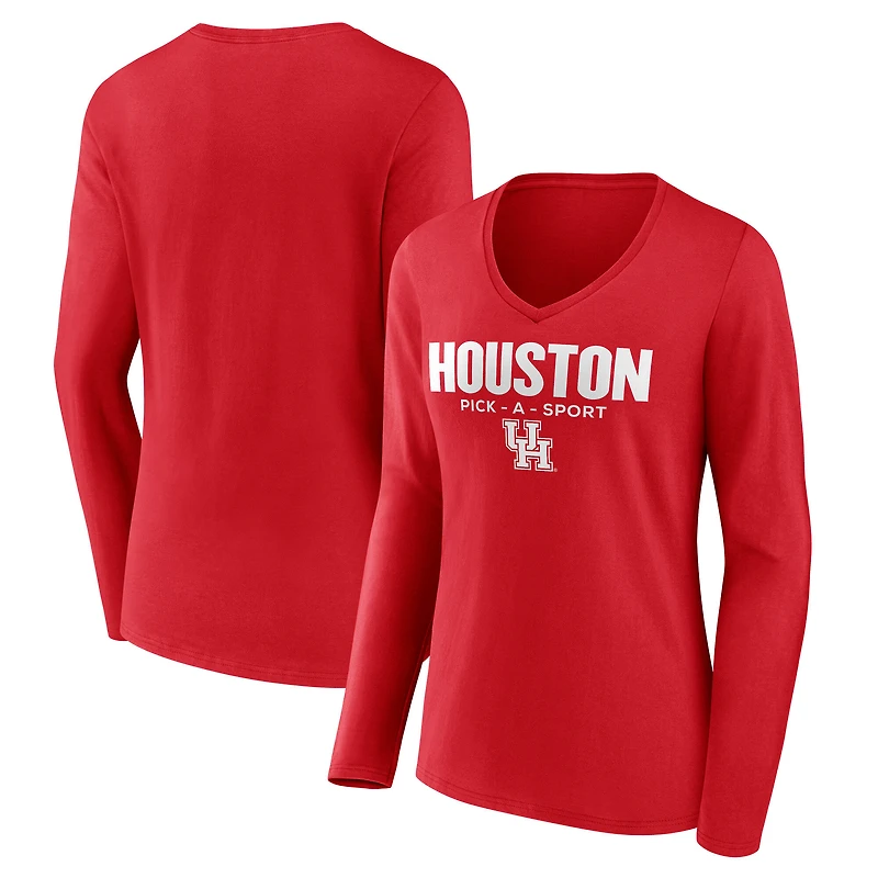 Women's Red Houston Cougars Authentic Pick-A-Sport Long Sleeve V-Neck T-Shirt