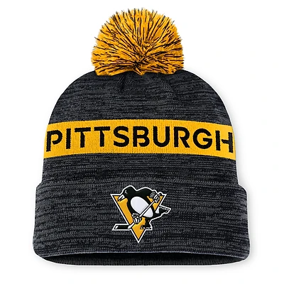 Men's Fanatics Black/Gold Pittsburgh Penguins Authentic Pro Rink Cuffed Knit Hat with Pom