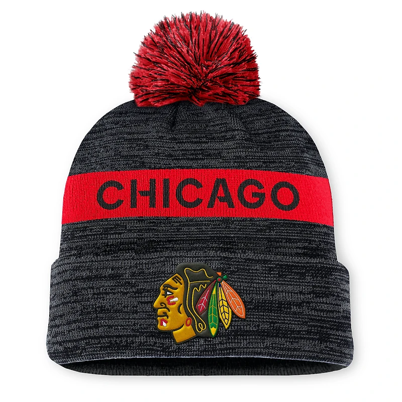 Men's Fanatics Black/Red Chicago Blackhawks Authentic Pro Rink Cuffed Knit Hat with Pom
