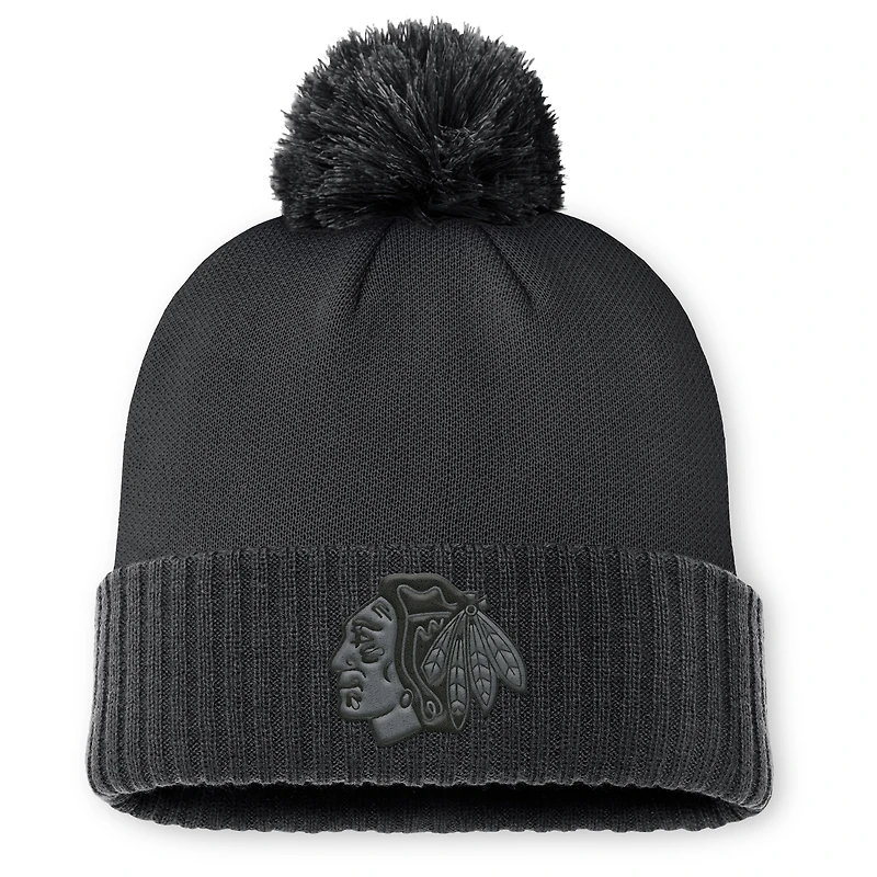 Men's Fanatics Black Chicago Blackhawks Authentic Pro Road Cuffed Knit Hat with Pom