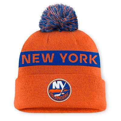 Women's Fanatics Orange/Royal New York Islanders Authentic Pro Rink Cuffed Knit Hat with Pom