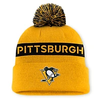 Women's Fanatics Gold/Black Pittsburgh Penguins Authentic Pro Rink Cuffed Knit Hat with Pom