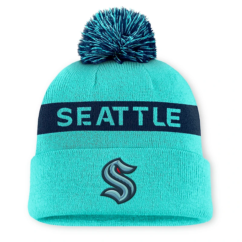 Women's Fanatics Light Blue/Navy Seattle Kraken Authentic Pro Rink Cuffed Knit Hat with Pom