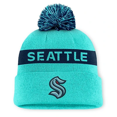 Women's Fanatics Light Blue/Navy Seattle Kraken Authentic Pro Rink Cuffed Knit Hat with Pom