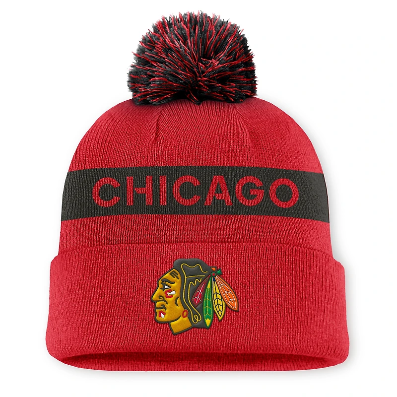 Women's Fanatics Red/Black Chicago Blackhawks Authentic Pro Rink Cuffed Knit Hat with Pom