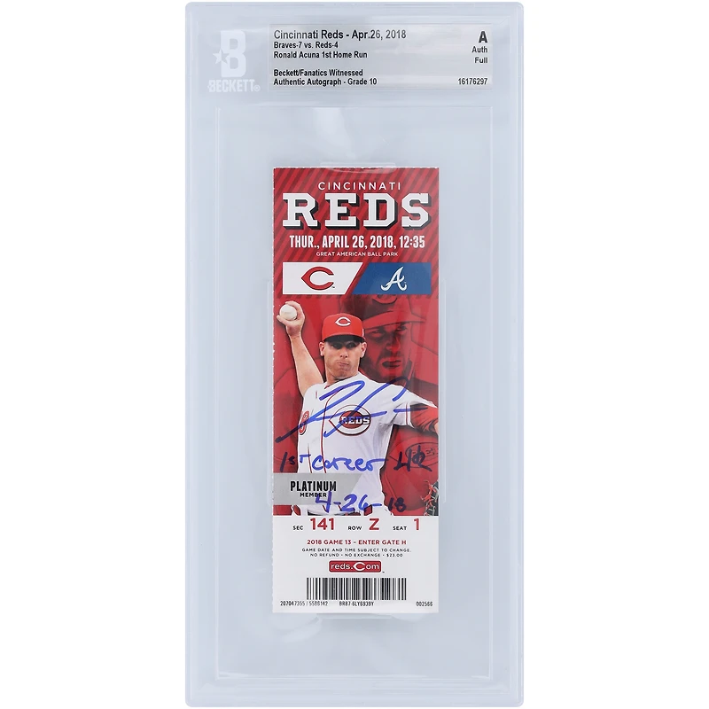Ronald Acuña Jr. Atlanta Braves Autographed Ticket from 1st Career Home Run with "1st Career HR 4-26-18" Inscription - BAS Authenticated Graded 10