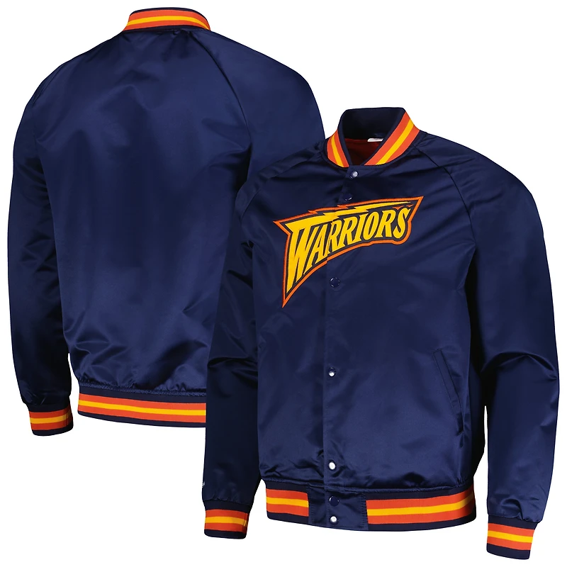 Men's Mitchell & Ness Navy Golden State Warriors Hardwood Classics Throwback Wordmark Raglan Full-Snap Jacket