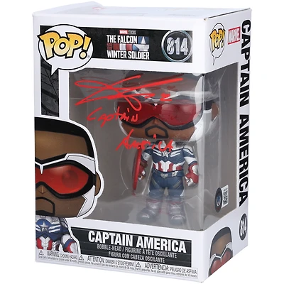 Anthony Mackie The Falcon and The Winter Soldier Autographed Captain America #814 Funko Pop! Figurine With "Captain America" Inscription - Signed in Red Paint - BAS