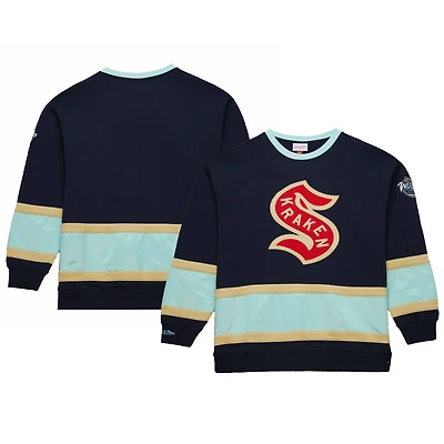 Men's Mitchell & Ness Deep Sea Blue/Light Blue Seattle Kraken 2024 NHL Winter Classic Satin Insert Fleece Pullover Sweatshirt