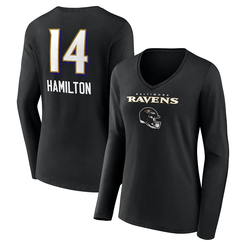 Women's Kyle Hamilton Black Baltimore Ravens Team Wordmark Player Name & Number Long Sleeve V-Neck T-Shirt