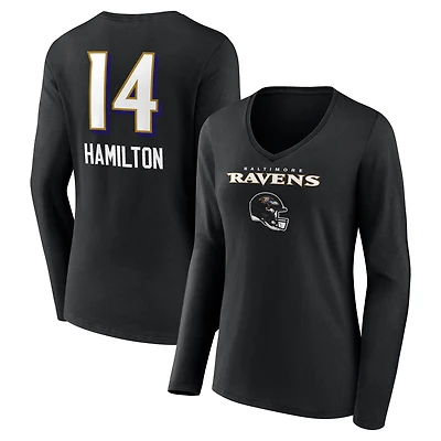 Women's Kyle Hamilton Black Baltimore Ravens Team Wordmark Player Name & Number Long Sleeve V-Neck T-Shirt
