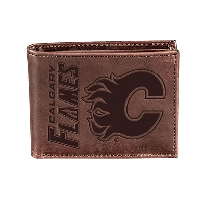 Brown Calgary Flames Bi-Fold Leather Wallet