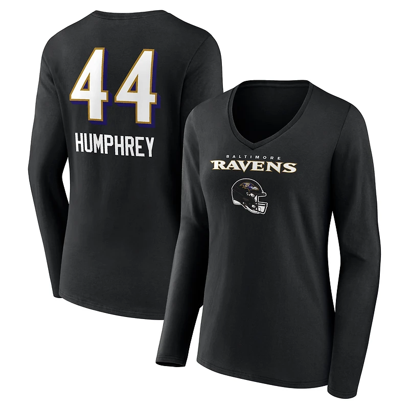 Women's Marlon Humphrey Black Baltimore Ravens Team Wordmark Player Name & Number Long Sleeve V-Neck T-Shirt