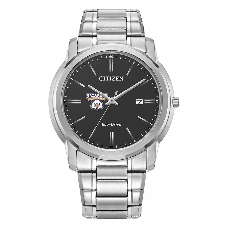 Men's Citizen Watch Silver Nazareth University Golden Flyers Eco-Drive Black Dial Stainless Steel Watch