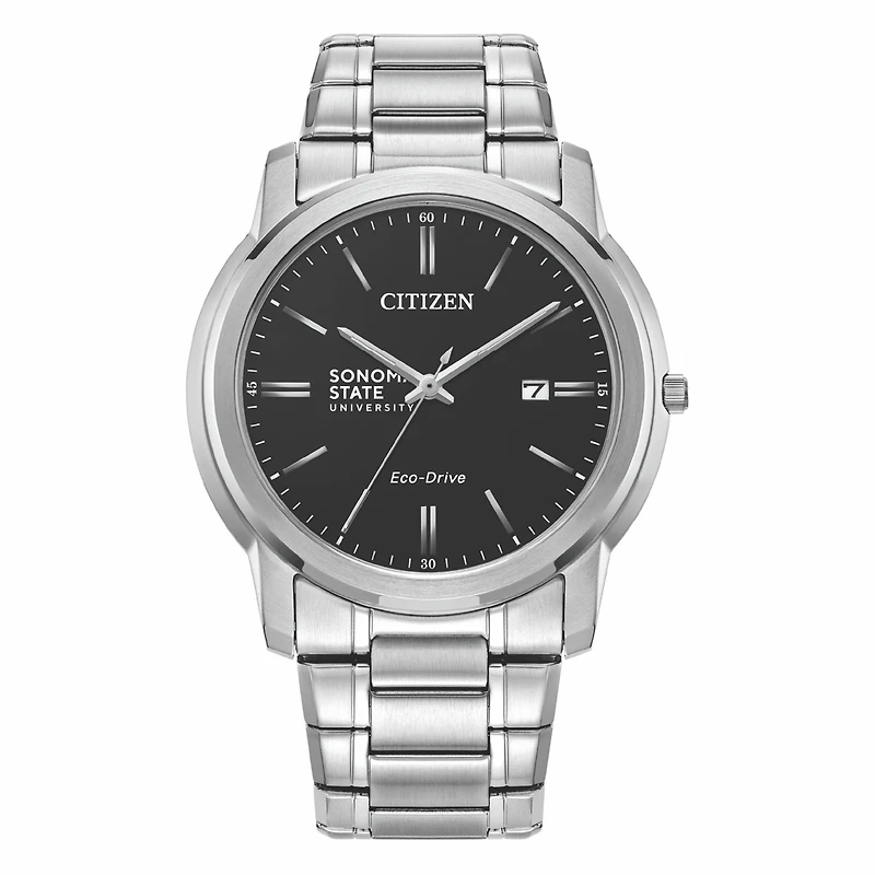 Men's Citizen Watch Silver Sonoma State Seawolves Eco-Drive Black Dial Stainless Steel Watch