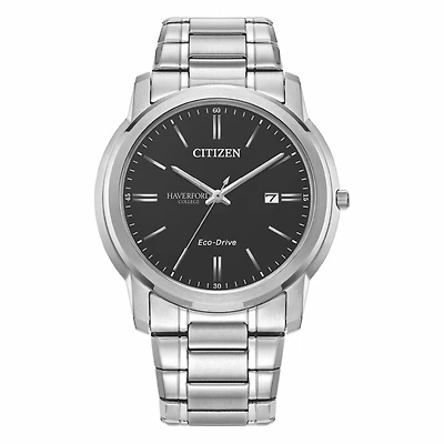 Men's Citizen Watch Silver Haverford College Eco-Drive Black Dial Stainless Steel Watch