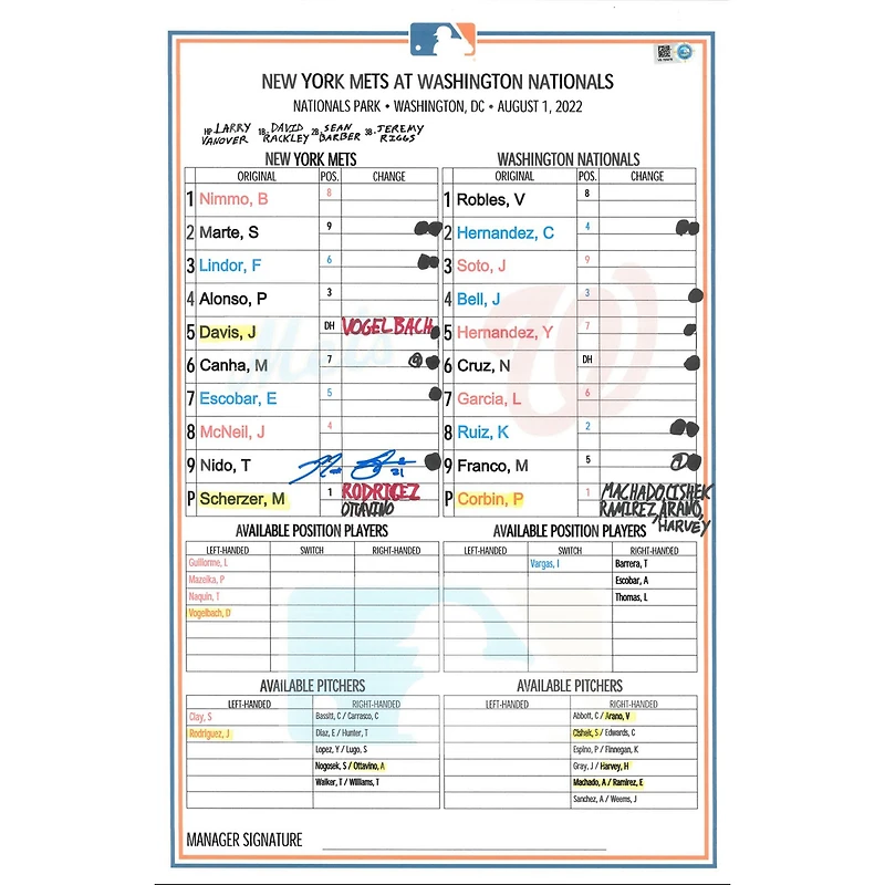 Max Scherzer New York Mets Autographed Game-Used Lineup Card vs. Cincinnati Reds on August 1, 2021