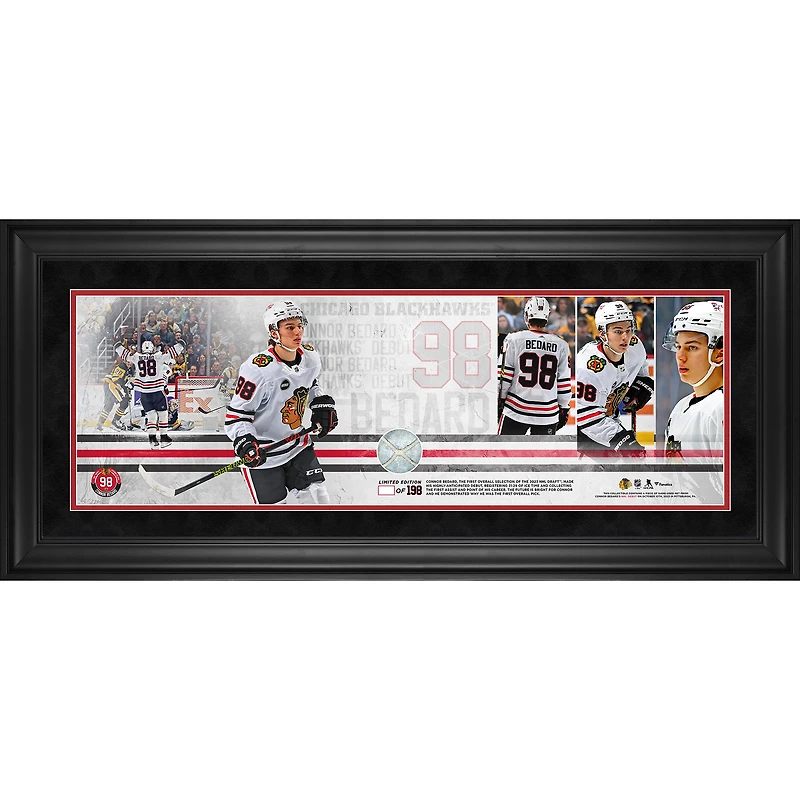 Connor Bedard Chicago Blackhawks Framed 10" x 30" NHL Debut Panoramic with a Piece of Game-Used Net from NHL Debut Game - Limited Edition of 198