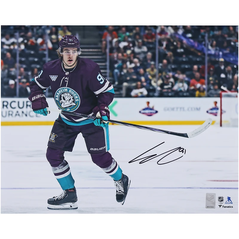 Leo Carlsson Anaheim Ducks Autographed 16" x 20" Purple Jersey Skating Photograph