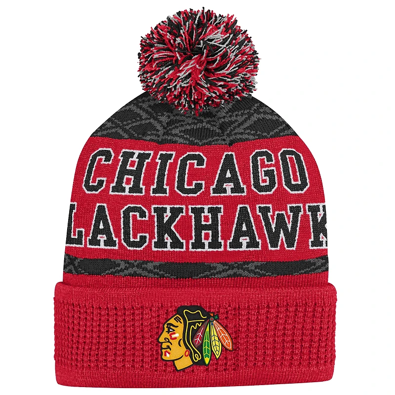 Youth Chicago Blackhawks Red Puck Pattern Cuffed Knit Hat with Pom