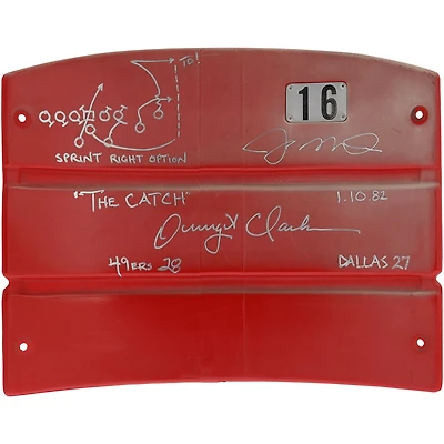 Joe Montana & Dwight Clark San Francisco 49ers Autographed Candlestick Park Seatback with Multiple Inscriptions including "The Catch" Play Drawn by Dwight Clark