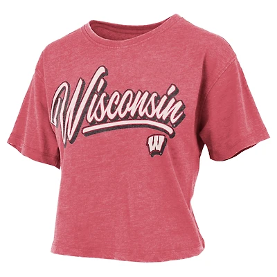 Women's Pressbox Red Wisconsin Badgers Team Script Harlow Vintage Waist Length T-Shirt
