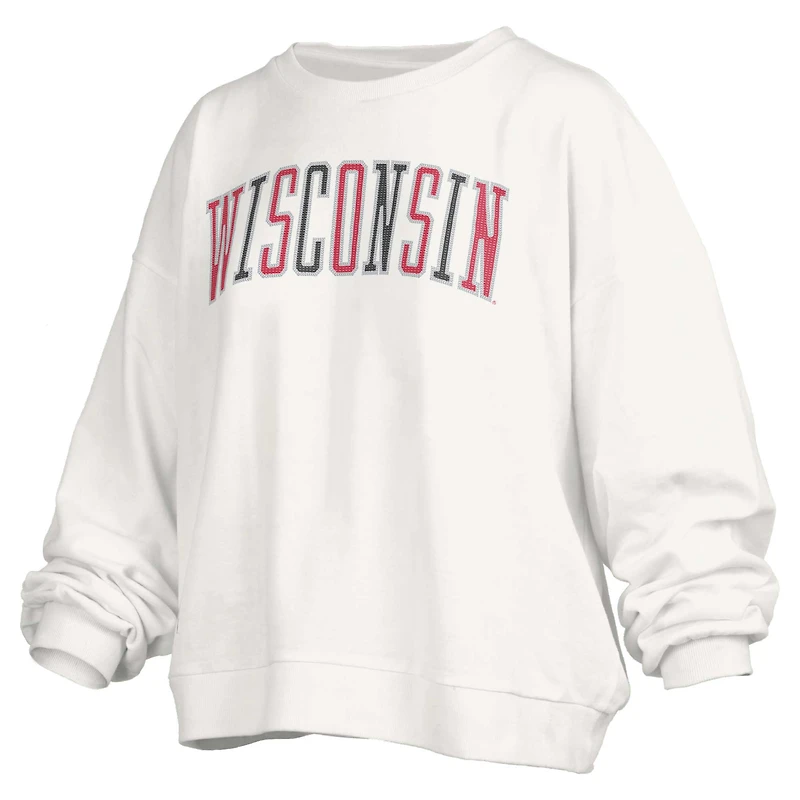 Women's Pressbox White Wisconsin Badgers Janise Sequin Waist Length Oversized Pullover Sweatshirt