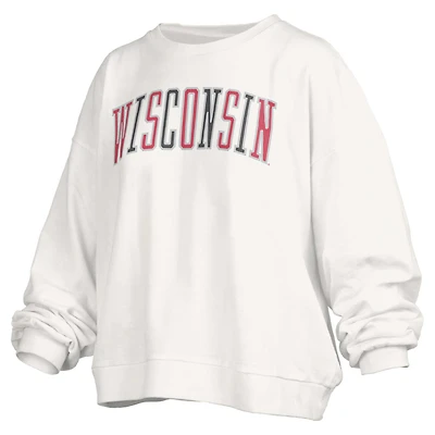 Women's Pressbox White Wisconsin Badgers Janise Sequin Waist Length Oversized Pullover Sweatshirt