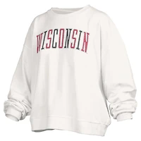 Women's Pressbox White Wisconsin Badgers Janise Sequin Waist Length Oversized Pullover Sweatshirt