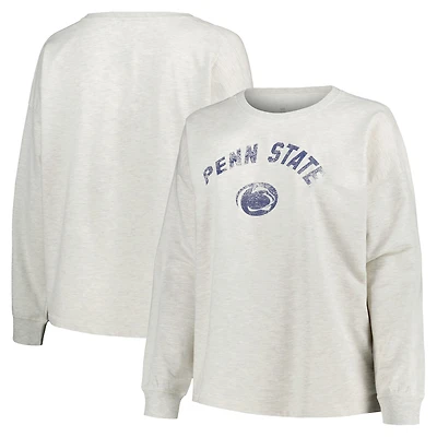 Women's Profile Oatmeal Penn State Nittany Lions Plus Size Distressed Arch Over Logo Neutral Boxy Pullover Sweatshirt