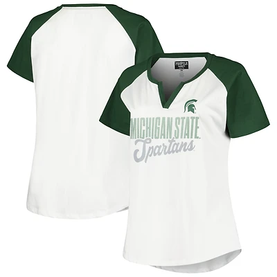 Women's Profile White/Green Michigan State Spartans Plus Size Best Squad Shimmer Raglan Notch Neck T-Shirt