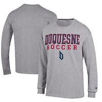 Men's Champion Heather Gray Duquesne Dukes Soccer Stacked Logo Long Sleeve T-Shirt