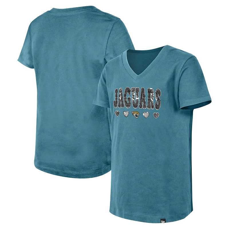 Girls Youth New Era Teal Jacksonville Jaguars Flip Sequin V-Neck T-Shirt