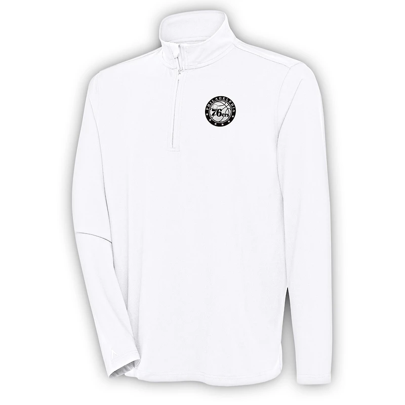 Men's Antigua White Philadelphia 76ers Metallic Logo Hunk Quarter-Zip Pullover