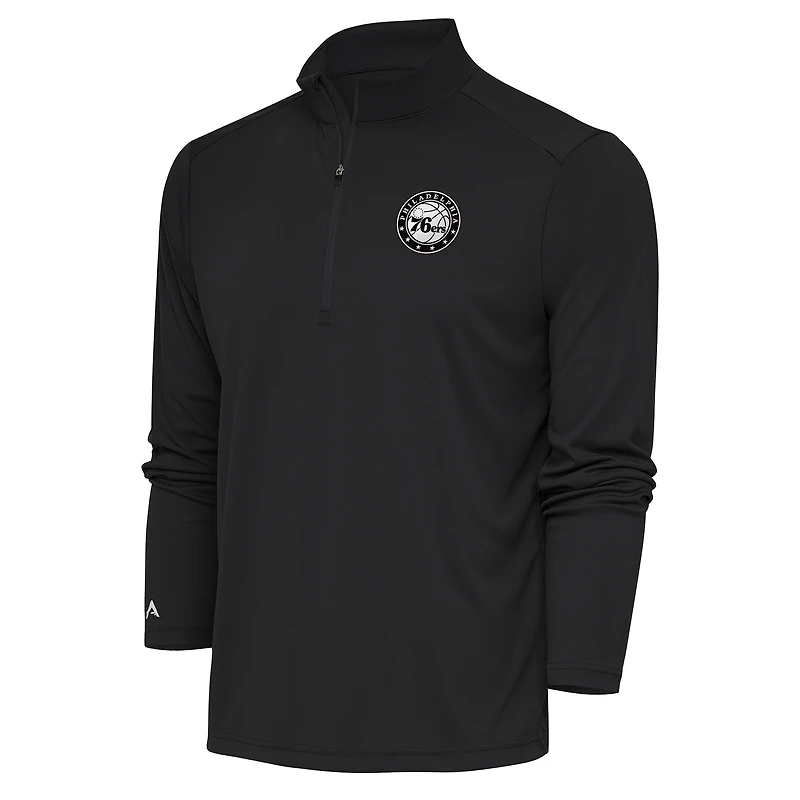 Men's Antigua Charcoal Philadelphia 76ers Metallic Logo Tribute Quarter-Zip Pullover