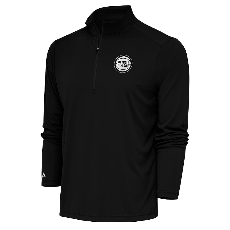 Men's Antigua Black Detroit Pistons Metallic Logo Tribute Quarter-Zip Pullover