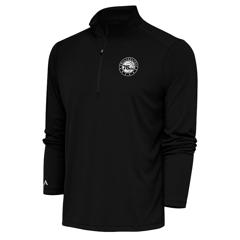Men's Antigua Black Philadelphia 76ers Metallic Logo Tribute Quarter-Zip Pullover