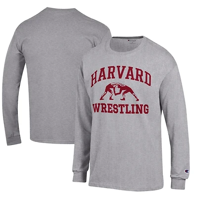 Men's Champion Heather Gray Harvard Crimson Wrestling Icon Long Sleeve T-Shirt