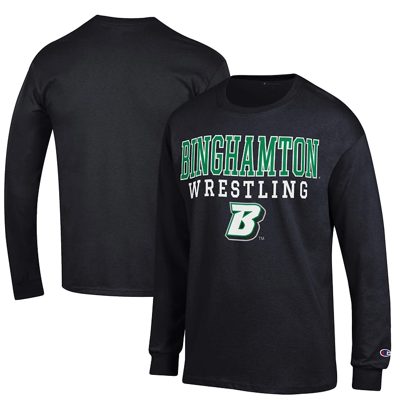 Men's Champion Black Binghamton Bearcats Wrestling Stacked Logo Long Sleeve T-Shirt