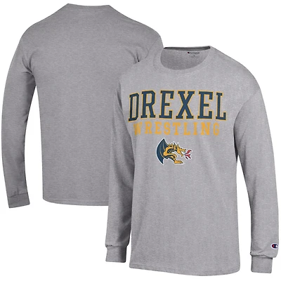Men's Champion Heather Gray Drexel Dragons Wrestling Stacked Logo Long Sleeve T-Shirt