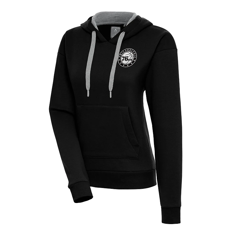 Women's Antigua  Black Philadelphia 76ers Metallic Logo Victory Pullover Hoodie