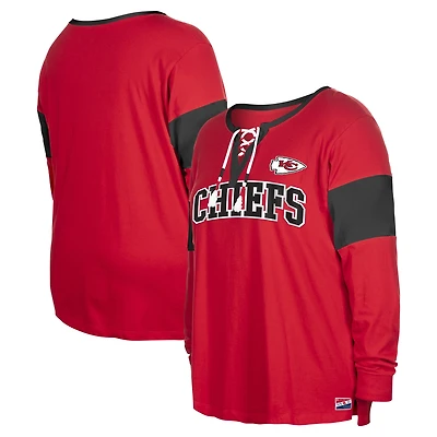 Women's New Era Red Kansas City Chiefs Plus Size Lace-Up Notch Neck Long Sleeve T-Shirt
