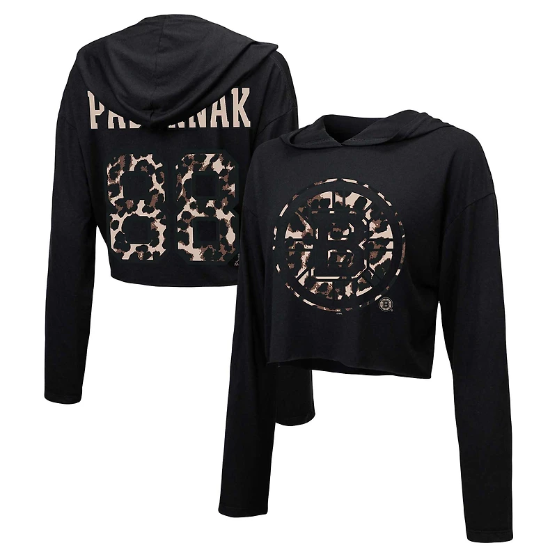Women's Majestic Threads David Pastrnak Black Boston Bruins Leopard Print Name & Number Cropped Pullover Hoodie