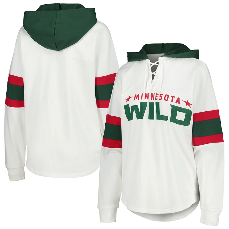 Women's G-III 4Her by Carl Banks White/Green Minnesota Wild Goal Zone Long Sleeve Lace-Up Hoodie T-Shirt