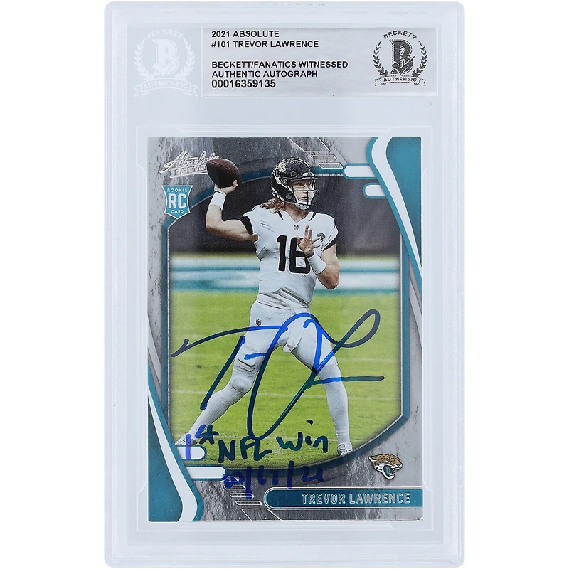 Trevor Lawrence Jacksonville Jaguars Autographed 2021 Panini Absolute #101 Beckett Fanatics Witnessed Authenticated Rookie Card with "1st NFL Win 10/17/21" Inscription