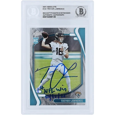 Trevor Lawrence Jacksonville Jaguars Autographed 2021 Panini Absolute #101 Beckett Fanatics Witnessed Authenticated Rookie Card with "1st NFL Win 10/17/21" Inscription